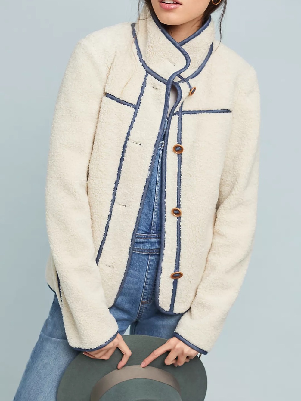 Anthropologie Piped Sherpa Jacket XS Cozy Fleece Teddy Jacket Fall Heritage